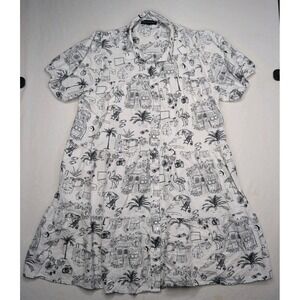 Jane + Delancey Womens XL Linen Button‎ Down Dress Short Sleeve Ivory Black